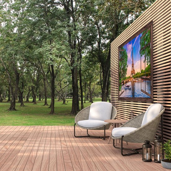 Gards Affiche de jardin Look-through Tour Eiffel à Paris sur l' Water - Couleur - 180x120 cm - Toile jardin - Décoration de jardin - Décoration murale extérieur - Tableau jardin