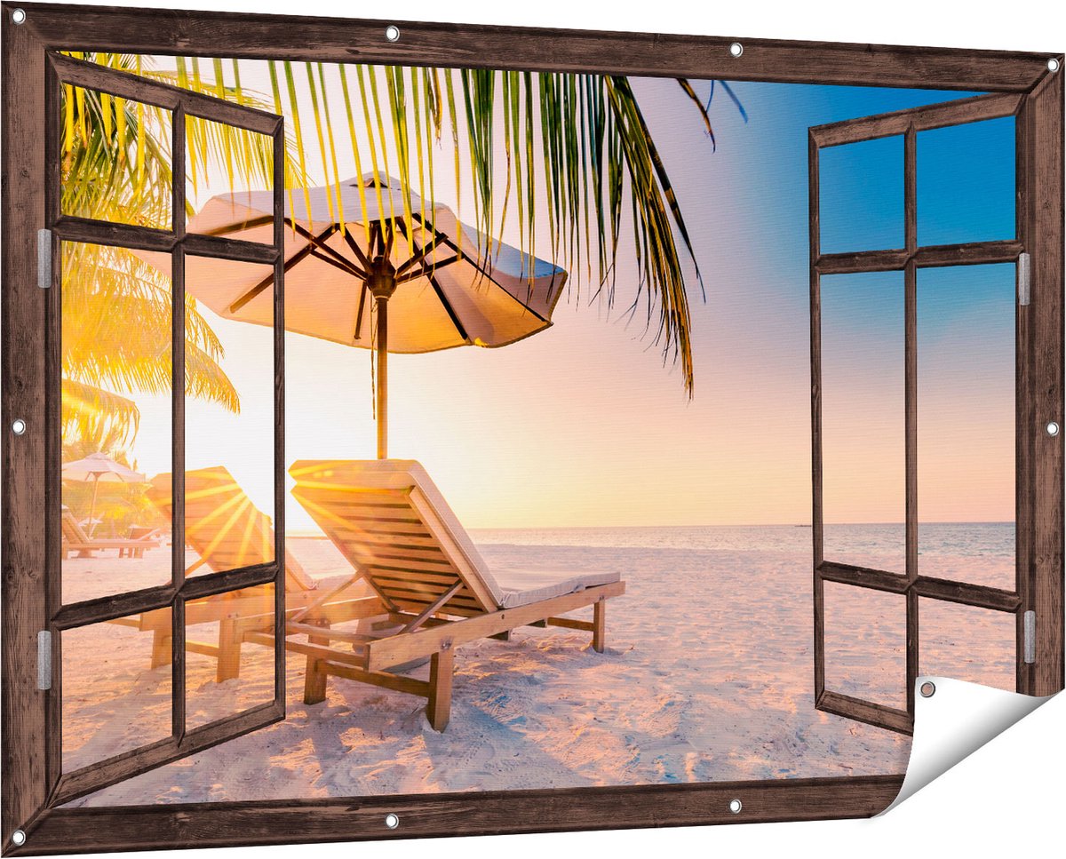 Gards Tuinposter Doorkijk Tropisch Strand tijdens Zonsondergang - 150x100 cm - Tuindoek - Tuindecoratie - Wanddecoratie buiten - Tuinschilderij donker bruin