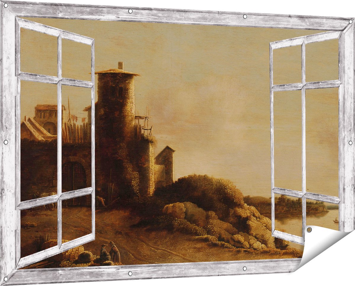 Gards Tuinposter Doorkijk Landschap - Claude de Jongh - 150x100 cm - Tuindoek - Tuindecoratie - Wanddecoratie buiten - Tuinschilderij Grijs