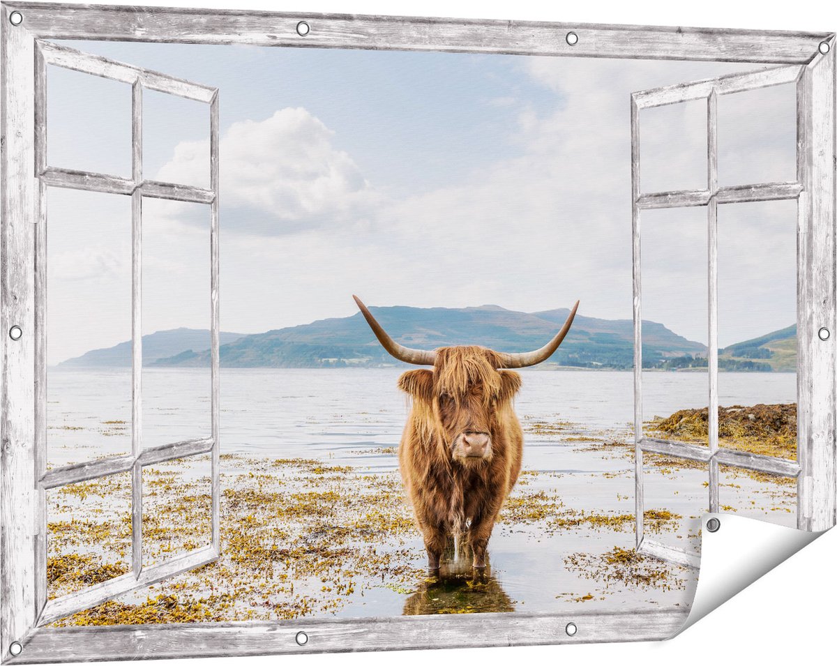 Gards Tuinposter Doorkijk Voetpad naar Strand en Zee - 120x80 cm - Tuindoek - Tuindecoratie - Wanddecoratie buiten - Tuinschilderij Grijs