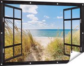 Gards Tuinposter Doorkijk Strand en Zee vanuit Duinen - 120x80 cm - Tuindoek - Tuindecoratie - Wanddecoratie buiten - Tuinschilderij