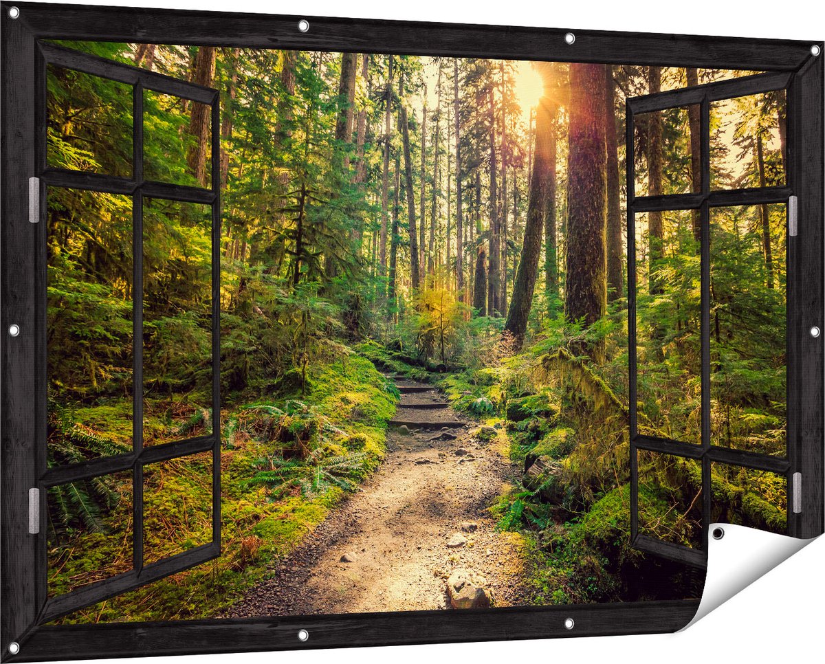 Gards Tuinposter Doorkijk Voetpad in het Bos - 150x100 cm - Tuindoek - Tuindecoratie - Wanddecoratie buiten - Tuinschilderij zwart