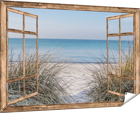 Gards Tuinposter Doorkijk Strand en Zee vanuit de Duinen - 180x120 cm - Tuindoek - Tuindecoratie - Wanddecoratie buiten - Tuinschilderij
