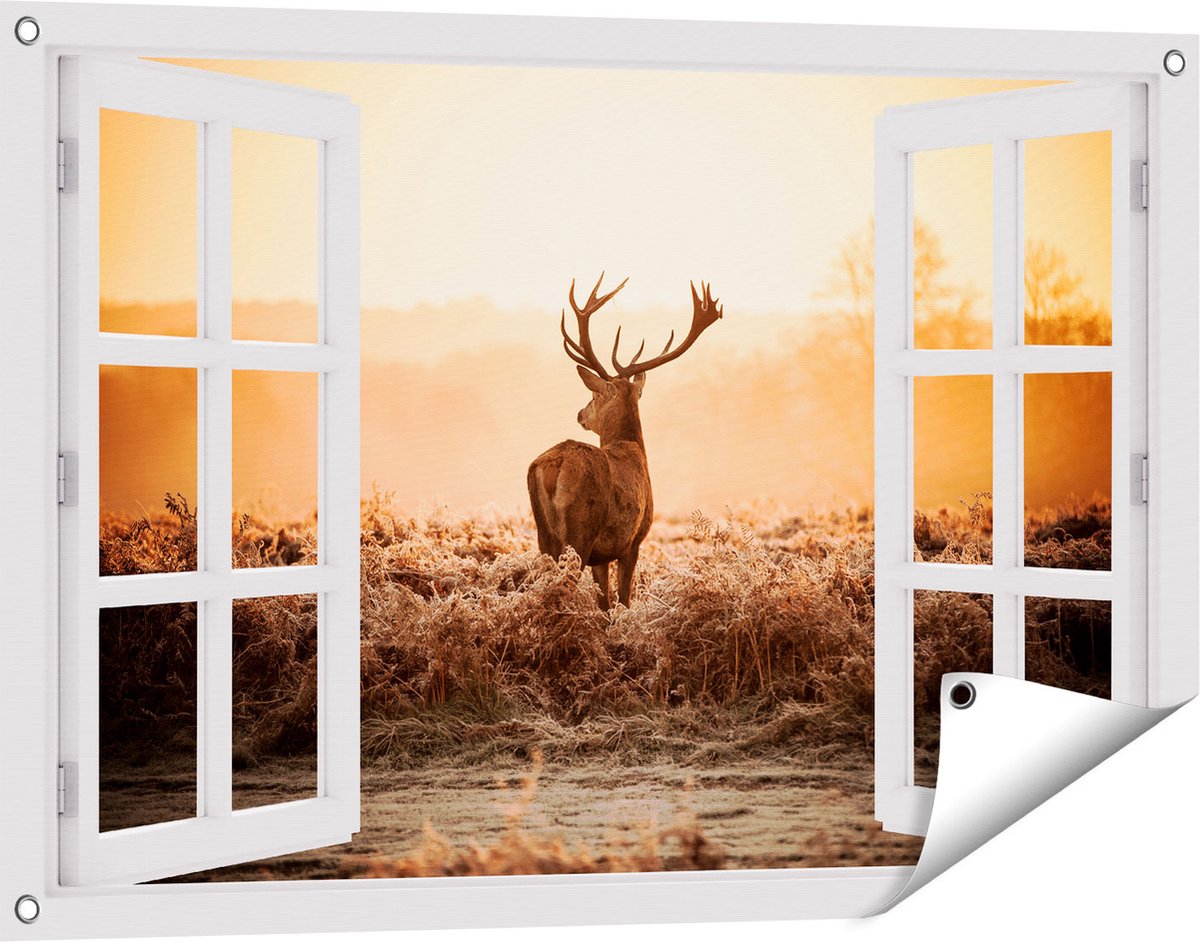 Gards Tuinposter Doorkijk Hert in de Wei tijdens de Zonsopkomst - 90x60 cm - Tuindoek - Tuindecoratie - Wanddecoratie buiten - Tuinschilderij wit