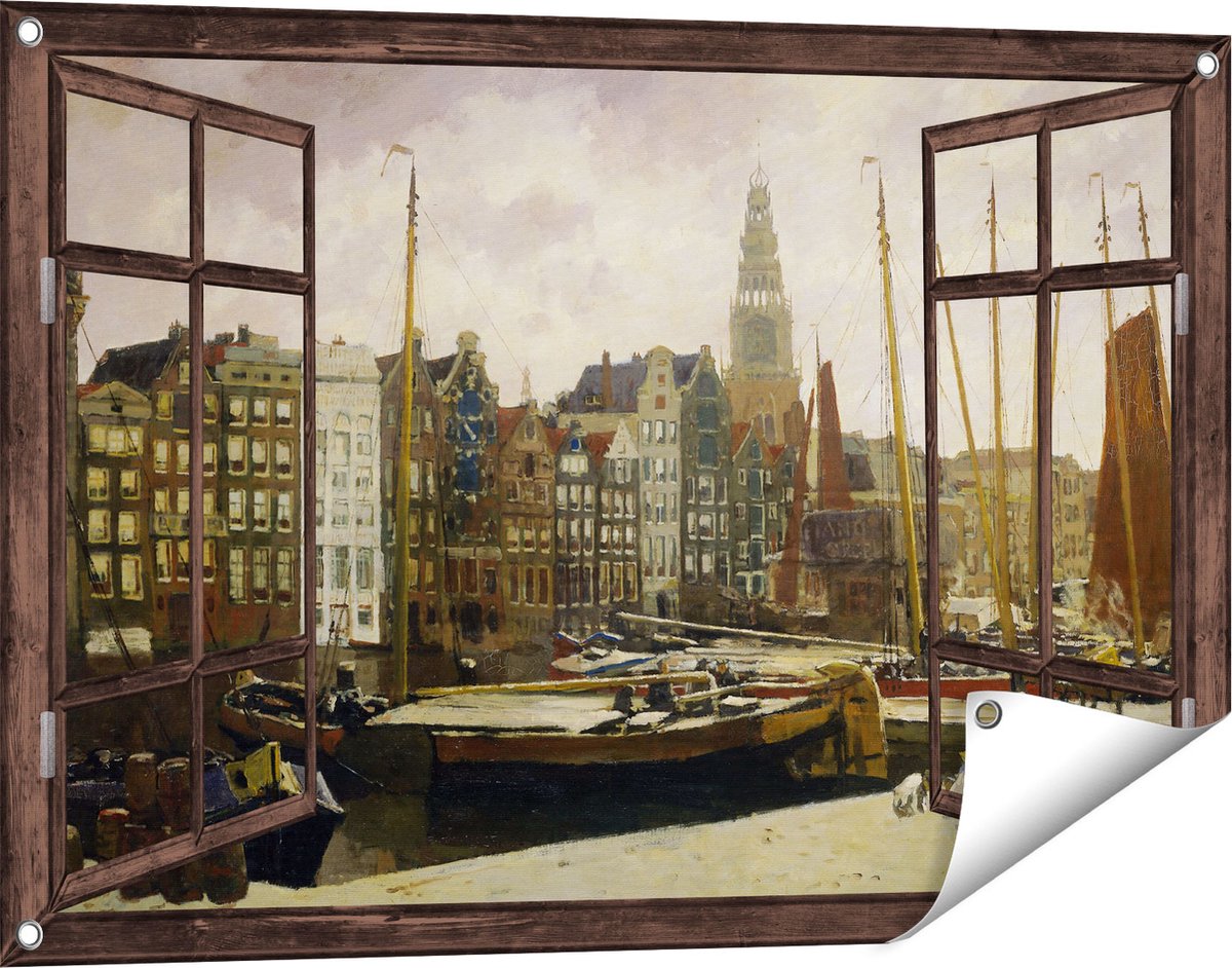 Gards Tuinposter Doorkijk Het Damrak in Amsterdam - George Hendrik Breitner - 90x60 cm - Tuindoek - Tuindecoratie - Wanddecoratie buiten - Tuinschilderij Donker bruin