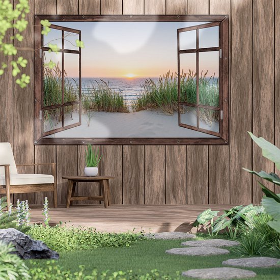 Tuinposter - 100x100 cm - Tropisch - Palmboom - Doorkijk - Zee