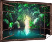 Gards Tuinposter Doorkijk Tropische Jungle met een Turquoise Meer - 180x120 cm - Tuindoek - Tuindecoratie - Wanddecoratie buiten - Tuinschilderij