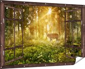 Gards Tuinposter Doorkijk Hert in Bos met Zon - 180x120 cm - Tuindoek - Tuindecoratie - Wanddecoratie buiten - Tuinschilderij