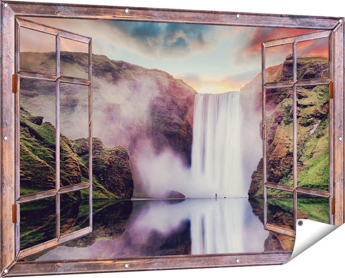 Gards Tuinposter Doorkijk Waterval met een Weerspiegeling in het Water - 150x100 cm - Tuindoek - Tuindecoratie - Wanddecoratie buiten - Tuinschilderij Bruin