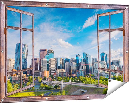 Gards Tuinposter Doorkijk Skyline Calgary Stad in Canada - 120x80 cm - Tuindoek - Tuindecoratie - Wanddecoratie buiten - Tuinschilderij