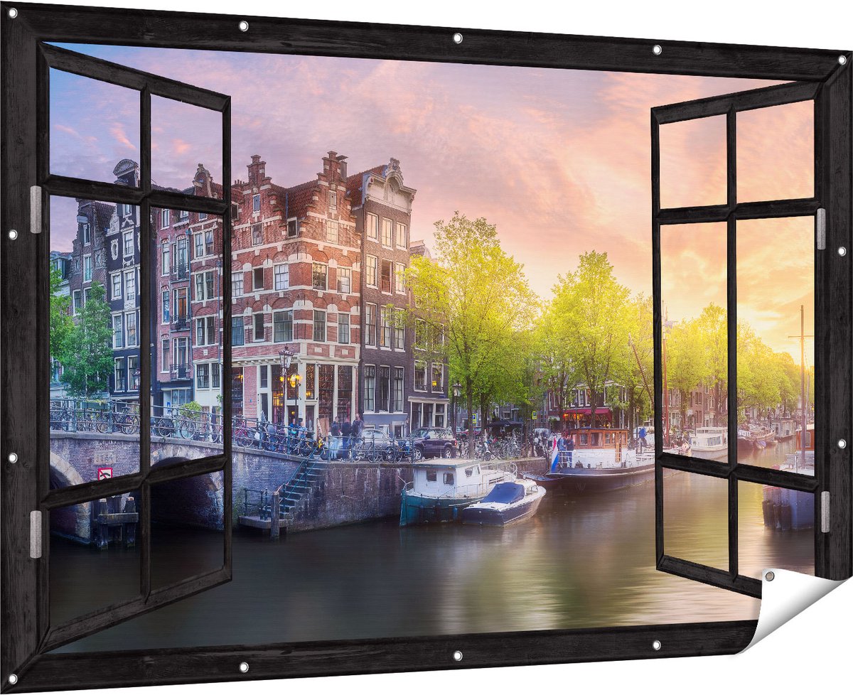Gards Tuinposter Doorkijk Amsterdamse Grachten - 180x120 cm - Tuindoek - Tuindecoratie - Wanddecoratie buiten - Tuinschilderij Multikleur