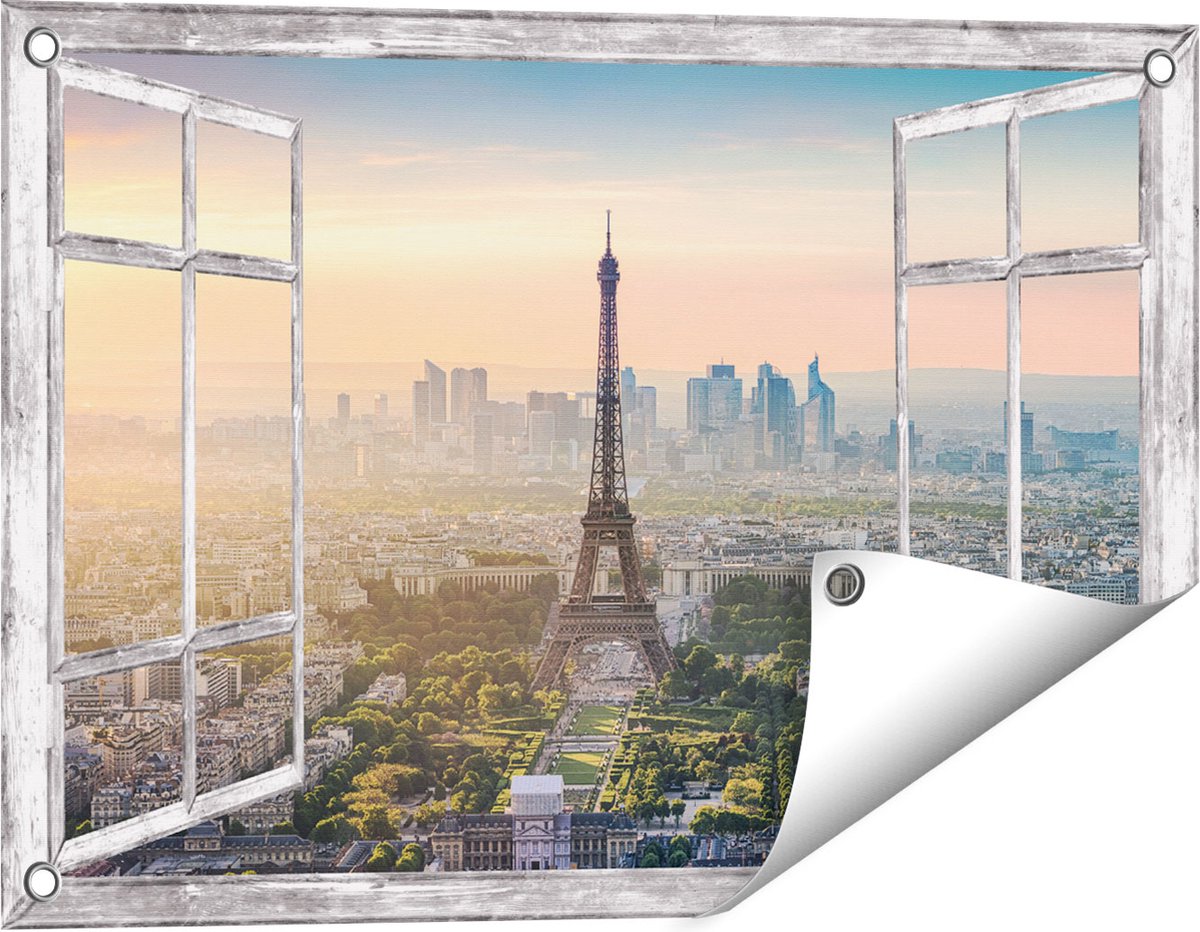 Gards Tuinposter Doorkijk Skyline van Parijs met de Eiffeltoren - 60x40 cm - Tuindoek - Tuindecoratie - Wanddecoratie buiten - Tuinschilderij Grijs