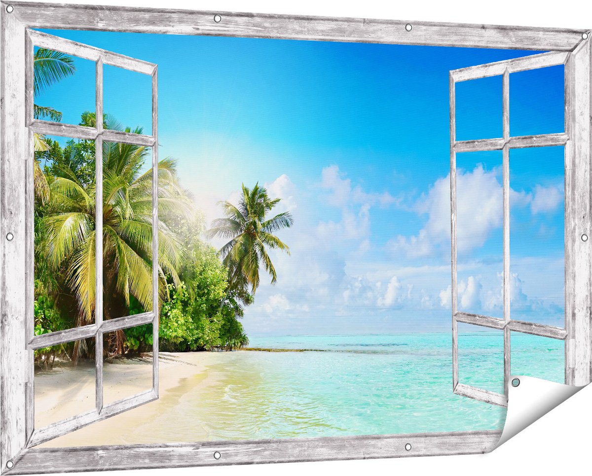 Gards Tuinposter Doorkijk Tropisch Strand bij de Licht Blauwe Zee - 150x100 cm - Tuindoek - Tuindecoratie - Wanddecoratie buiten - Tuinschilderij Grijs