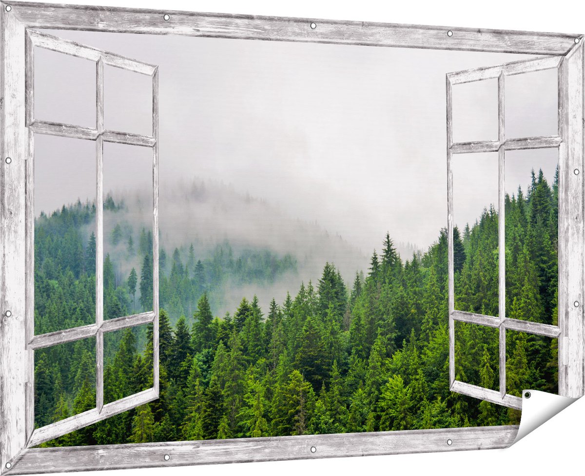 Gards Tuinposter Doorkijk Groen Bos met Bomen tijdens de Mist - 180x120 cm - Tuindoek - Tuindecoratie - Wanddecoratie buiten - Tuinschilderij Multikleur