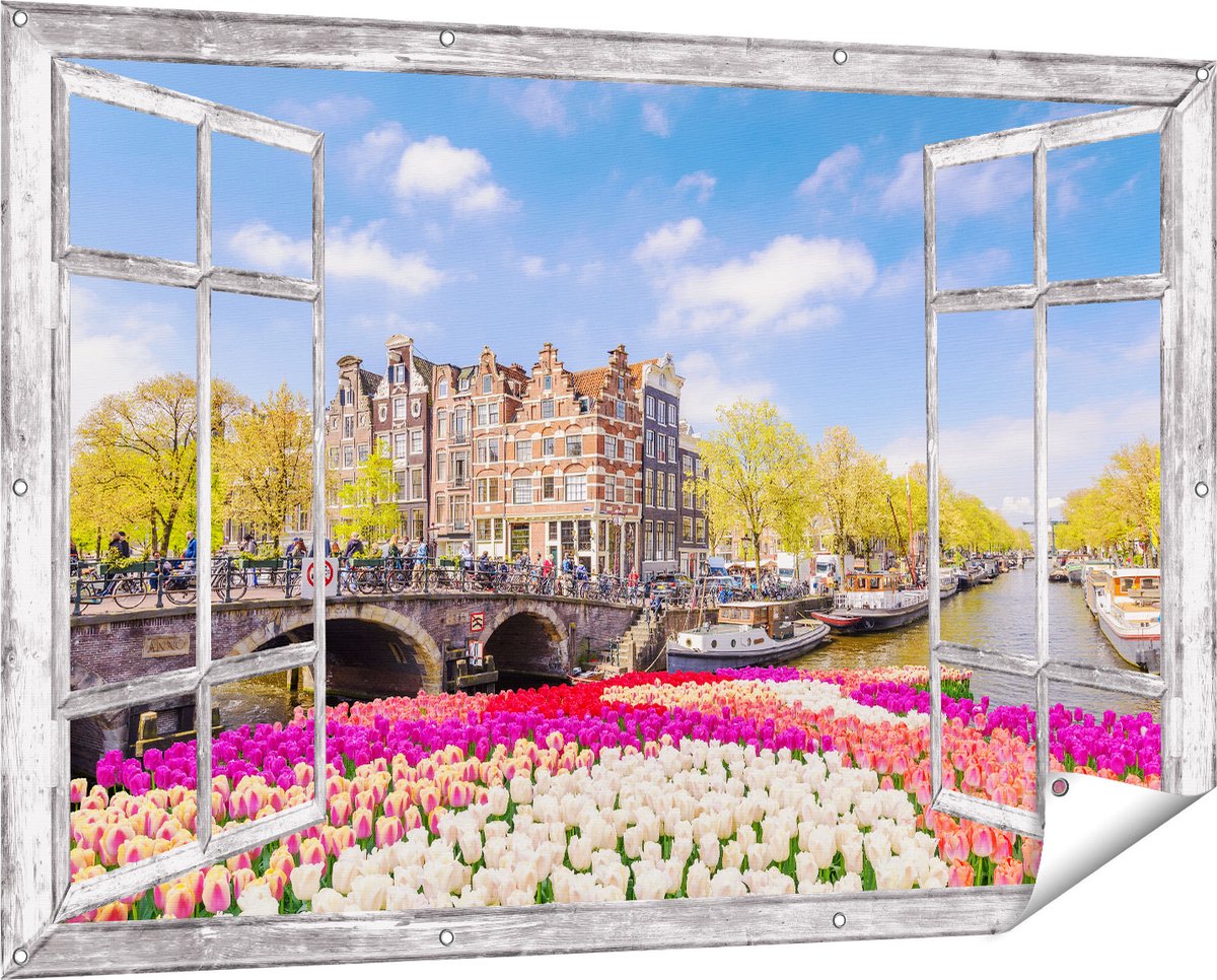 Gards Tuinposter Doorkijk Amsterdamse Huisjes aan de Grachten - 150x100 cm - Tuindoek - Tuindecoratie - Wanddecoratie buiten - Tuinschilderij Grijs