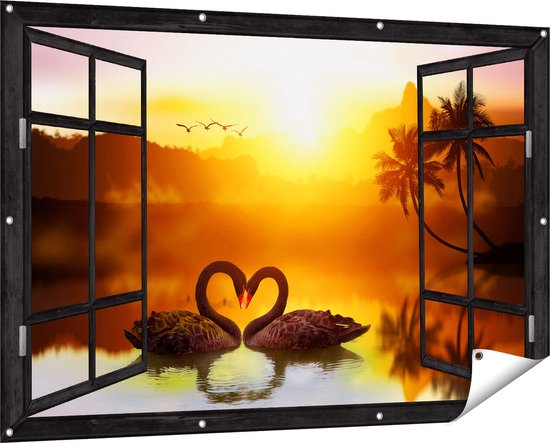 Gars Poster Jardin Transparent Deux Cygnes Noirs en Forme de Coeur - 150x100 cm - Toile jardin - Décoration de jardin - Décoration murale extérieur - Tableau jardin