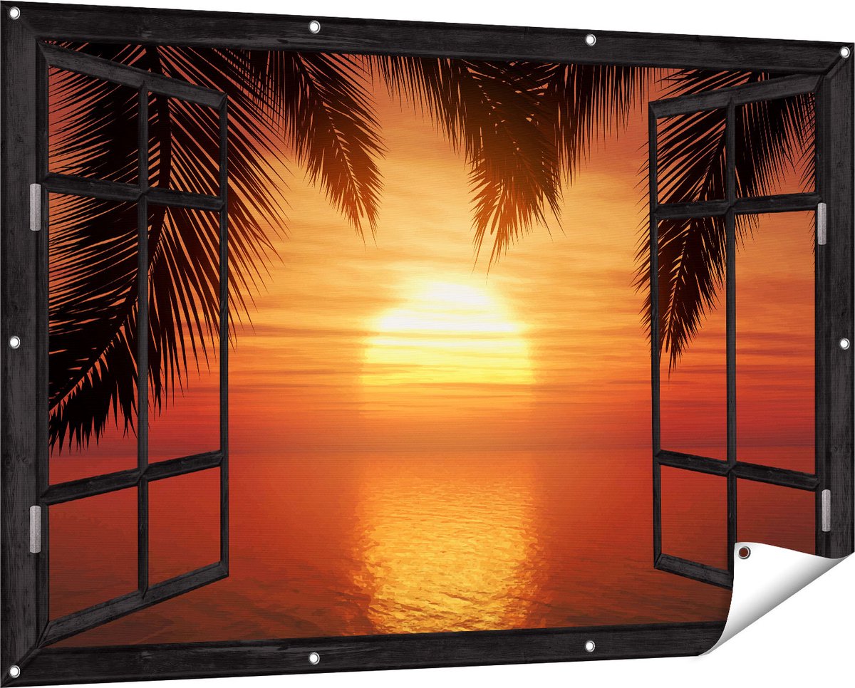 Gards Tuinposter Doorkijk Zonsondergang op het Strand met Palmbomen - 150x100 cm - Tuindoek - Tuindecoratie - Wanddecoratie buiten - Tuinschilderij Zwart