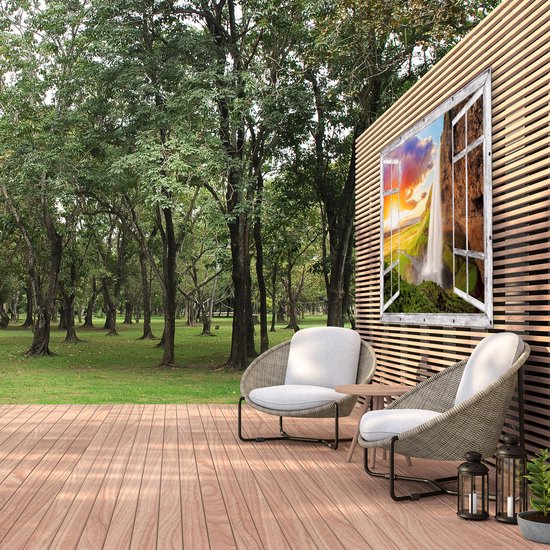 Gards Tuinposter Doorkijk Waterval in IJsland met Zonsondergang - 180x120 cm - Tuindoek - Tuindecoratie - Wanddecoratie buiten - Tuinschilderij