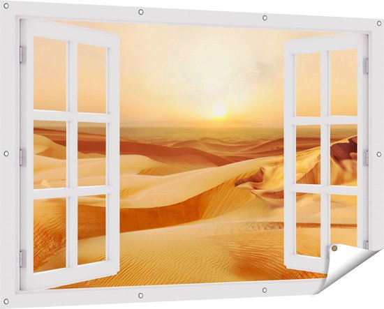 Gards Tuinposter Doorkijk Woestijn bij Zonsondergang in de Sahara - 150x100 cm - Tuindoek - Tuindecoratie - Wanddecoratie buiten - Tuinschilderij