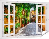 Gards Tuinposter Doorkijk Straatje in Rome met Groene Planten - 150x100 cm - Tuindoek - Tuindecoratie - Wanddecoratie buiten - Tuinschilderij