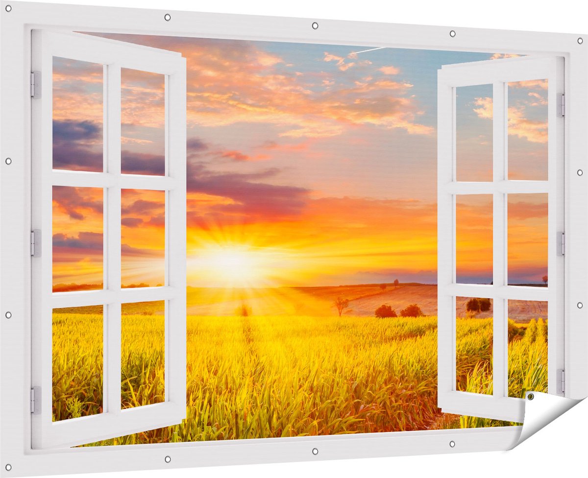 Gards Tuinposter Doorkijk Zonsopgang op het Maïsveld - 180x120 cm - Tuindoek - Tuindecoratie - Wanddecoratie buiten - Tuinschilderij Multikleur