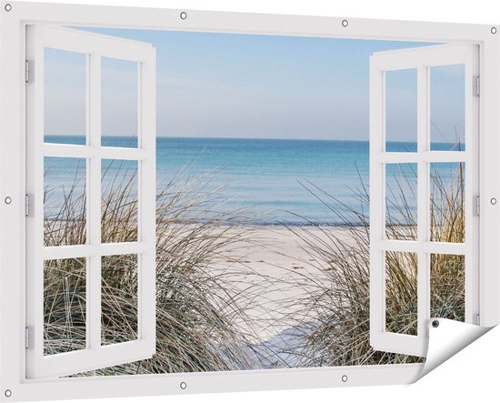 Tuinposter 180x120 cm Doorkijk - Strand - Zee - Zand - Water - Helmgras - Duinen | Leen Bakker