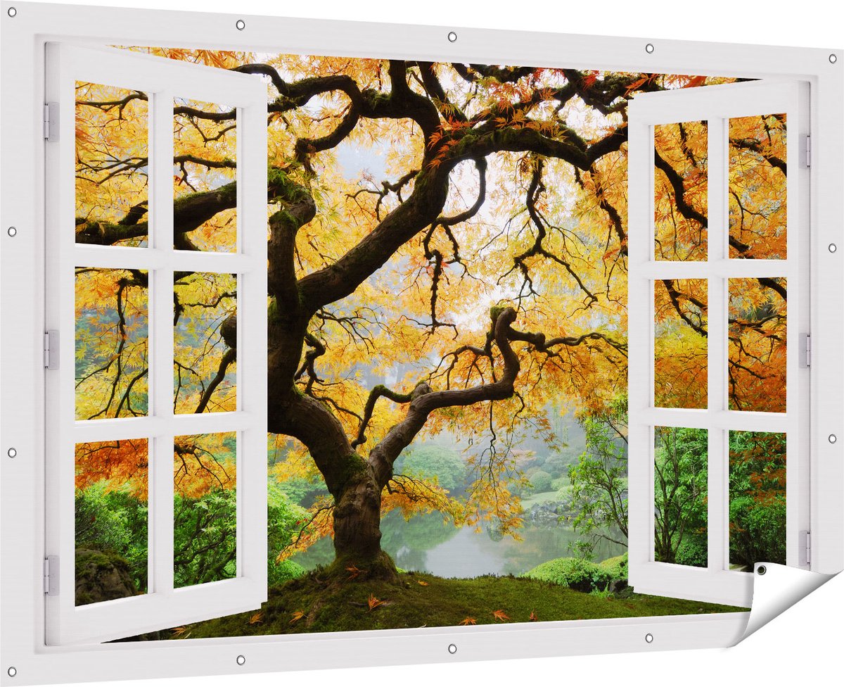 Gards Tuinposter Doorkijk Oude Knoestige Boom - 180x120 cm - Tuindoek - Tuindecoratie - Wanddecoratie buiten - Tuinschilderij Multikleur