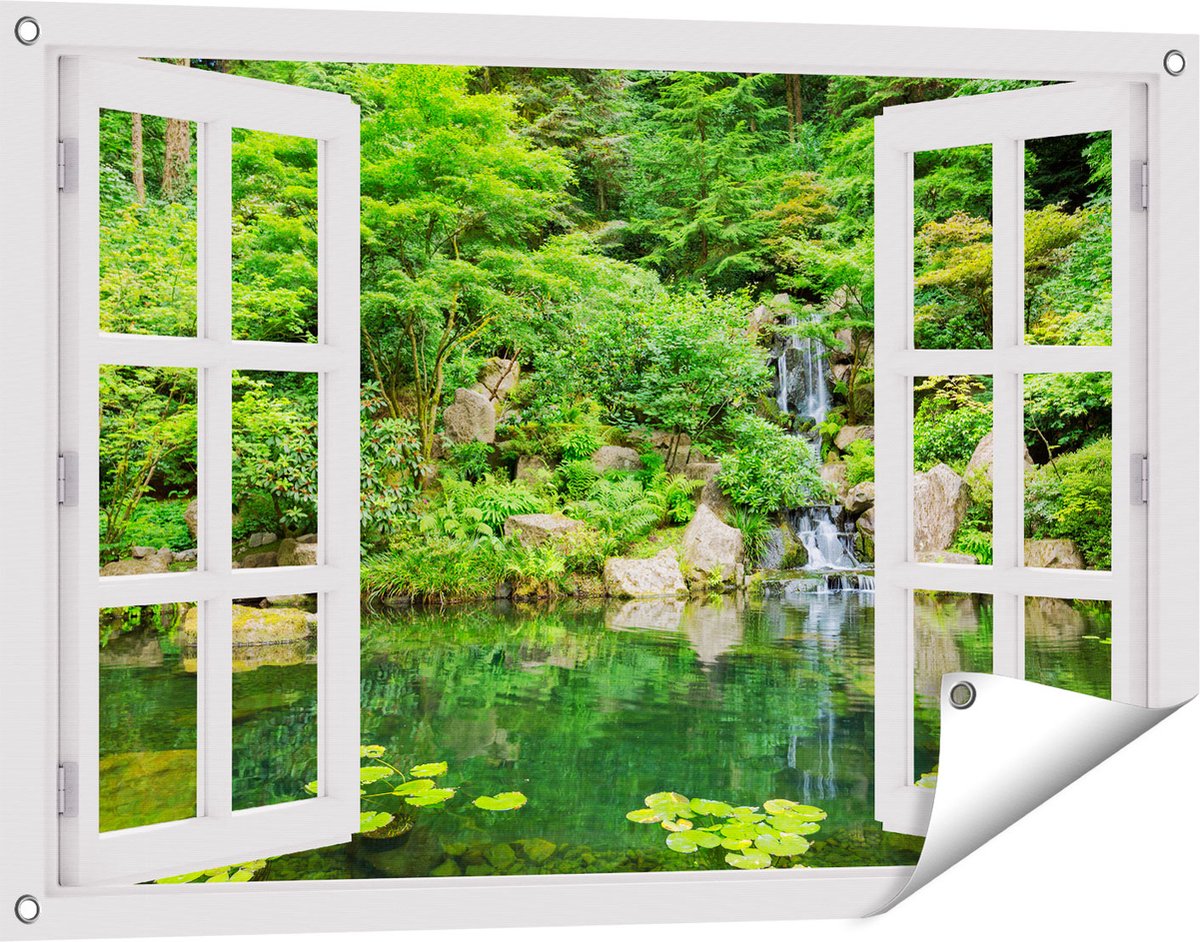 Gards Tuinposter Doorkijk Panorama van Japanse Tuin - 90x60 cm - Tuindoek - Tuindecoratie - Wanddecoratie buiten - Tuinschilderij wit