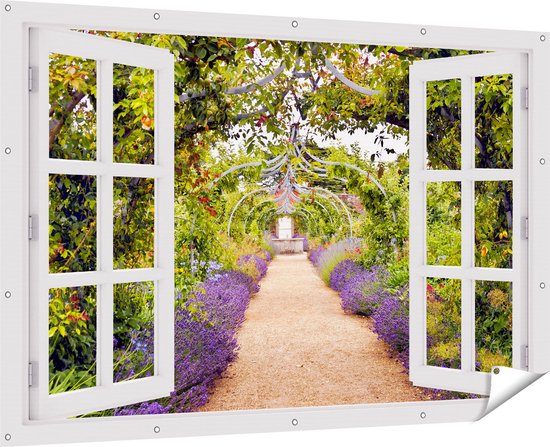 Gards Tuinposter Doorkijk Lavendel Pad - 180x120 cm - Tuindoek - Tuindecoratie - Wanddecoratie buiten - Tuinschilderij