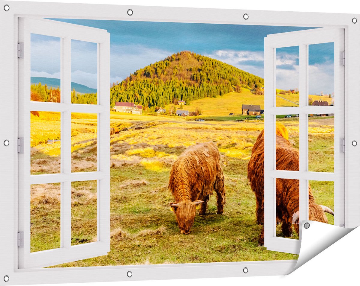 Gards Tuinposter Doorkijk Twee Schotse Hooglanders bij een Dorp - 120x80 cm - Tuindoek - Tuindecoratie - Wanddecoratie buiten - Tuinschilderij Wit