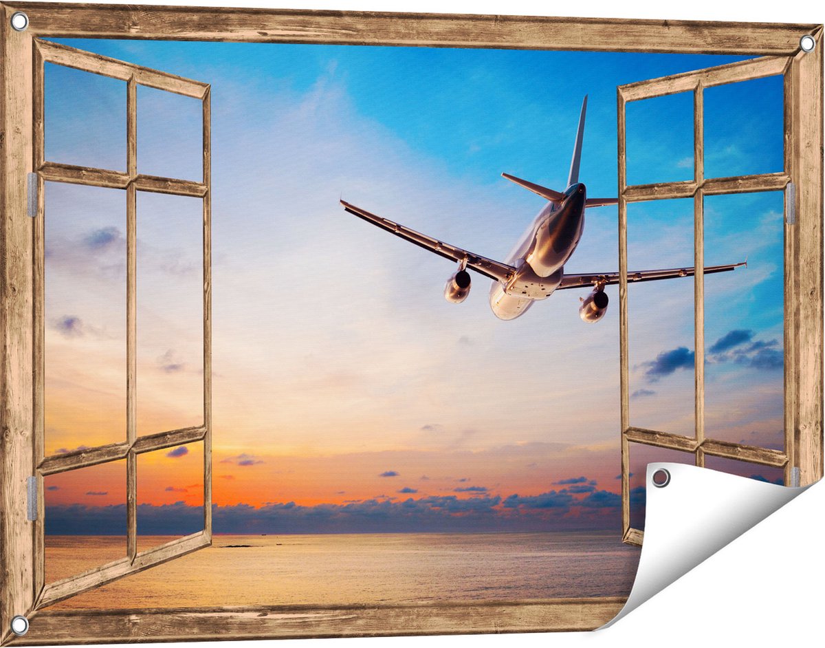 Gards Tuinposter Doorkijk Vliegtuig Boven de Zee bij Zonsondergang - 90x60 cm - Tuindoek - Tuindecoratie - Wanddecoratie buiten - Tuinschilderij Licht bruin