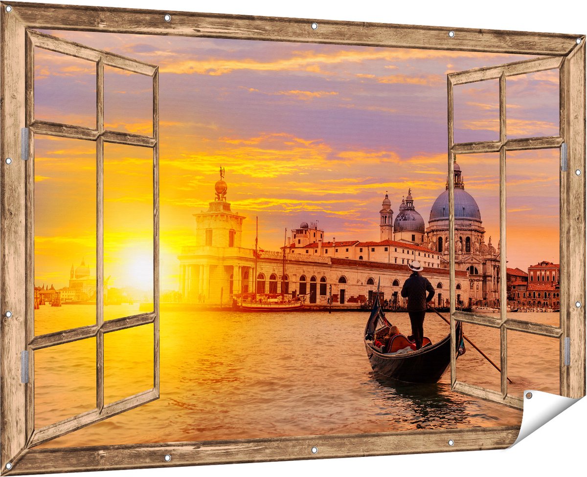 Gards Tuinposter Doorkijk Gondel in Venetië voor het Basiliek - 180x120 cm - Tuindoek - Tuindecoratie - Wanddecoratie buiten - Tuinschilderij Multikleur