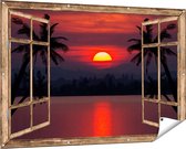 Gards Tuinposter Doorkijk Zonsondergang op het Strand met Palmbomen - 150x100 cm - Tuindoek - Tuindecoratie - Wanddecoratie buiten - Tuinschilderij