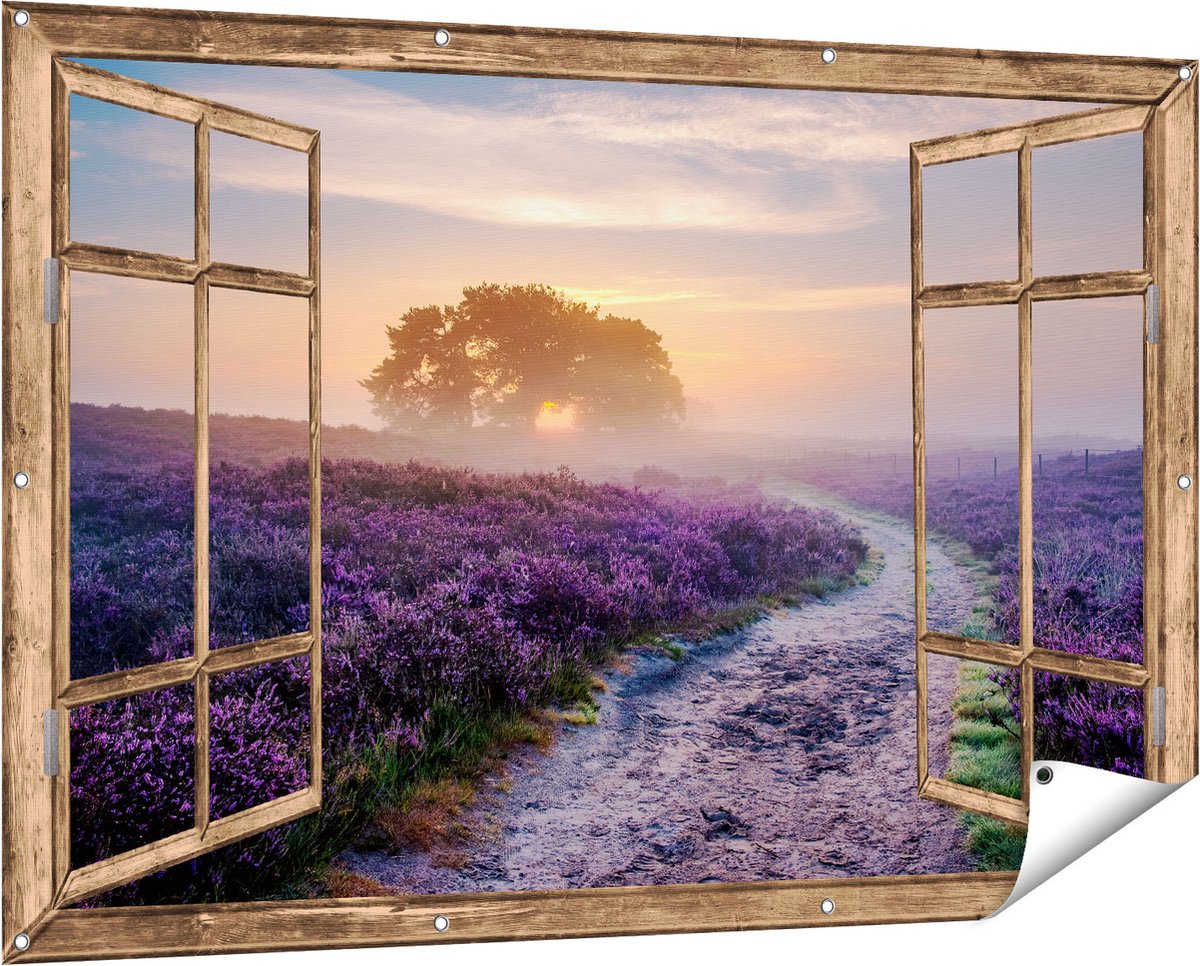 Gards Tuinposter Doorkijk Pad in de Weide van de Veluwe - 150x100 cm - Tuindoek - Tuindecoratie - Wanddecoratie buiten - Tuinschilderij Licht bruin