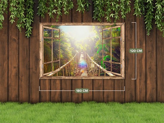 Gards Affiche de jardin Pont en bois transparent dans la jungle tropicale - 180x120 cm - Toile jardin - Décoration de jardin - Décoration murale extérieur - Tableau jardin