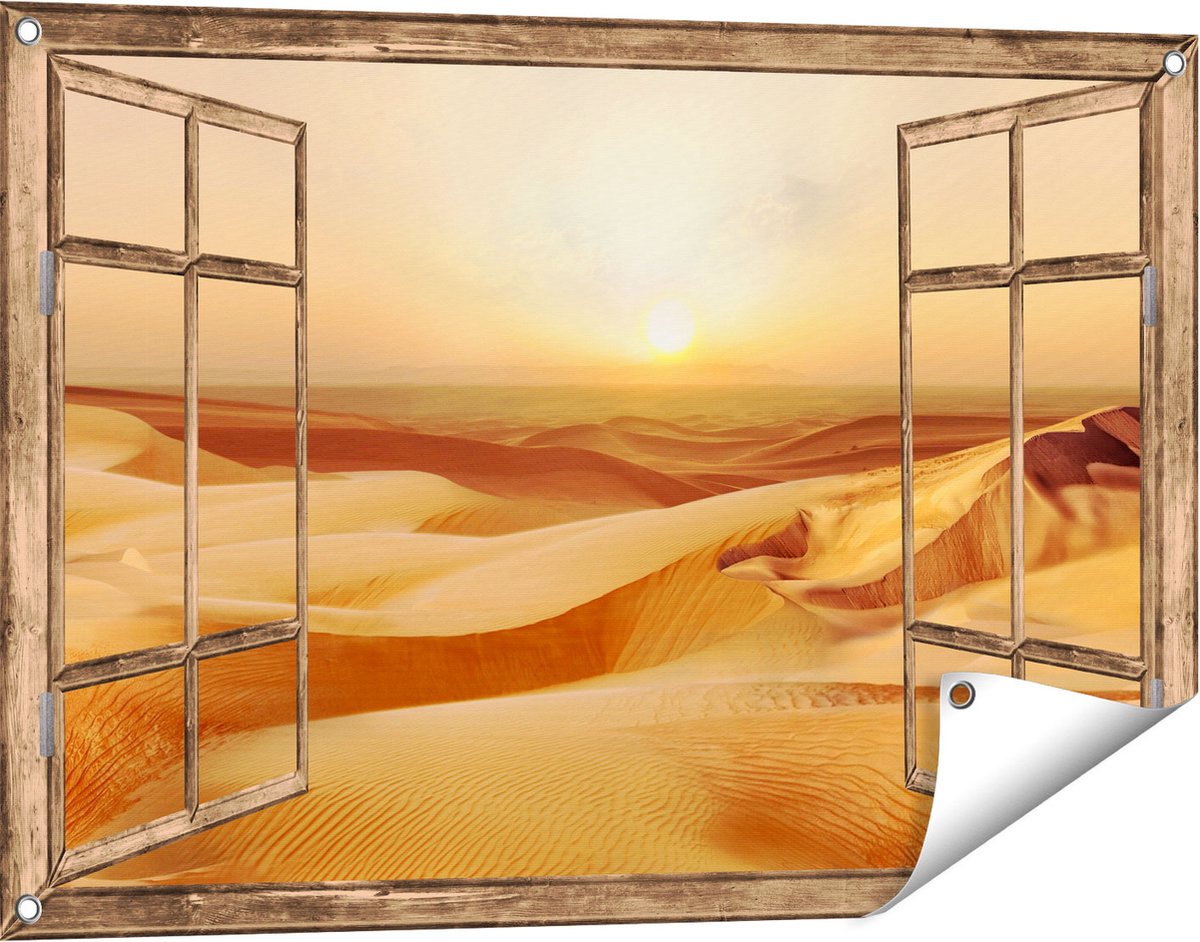Gards Tuinposter Doorkijk Woestijn bij Zonsondergang in de Sahara - 90x60 cm - Tuindoek - Tuindecoratie - Wanddecoratie buiten - Tuinschilderij licht bruin