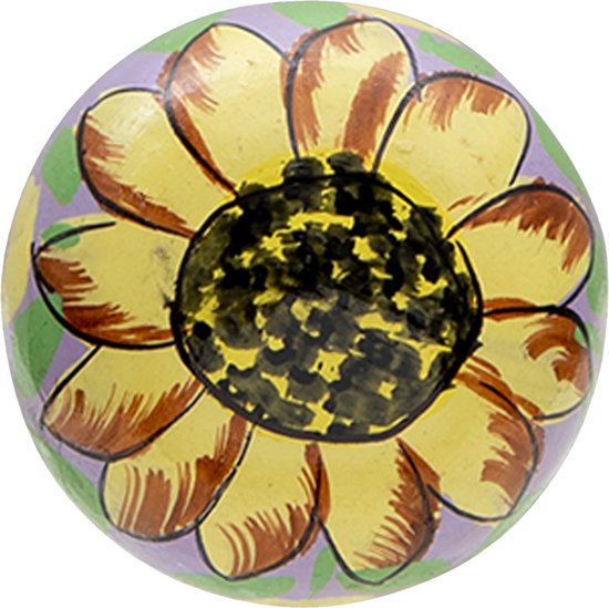 Bouton de porte en céramique avec motif de tournesol jaune, marron et vert sur fond lilas.