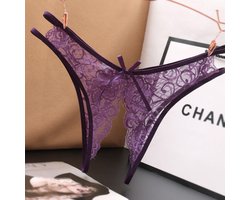 Sexy String met Open Kruis - Paars - Ontwerp met Kant - Erotisch Design met Strik - One Size String - Dames Onderbroek - Lingerie / Ondergoed
