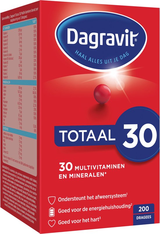 Drie zijden van de Dagravit Totaal 30 verpakking, met logo, productinformatie en ingrediënten.