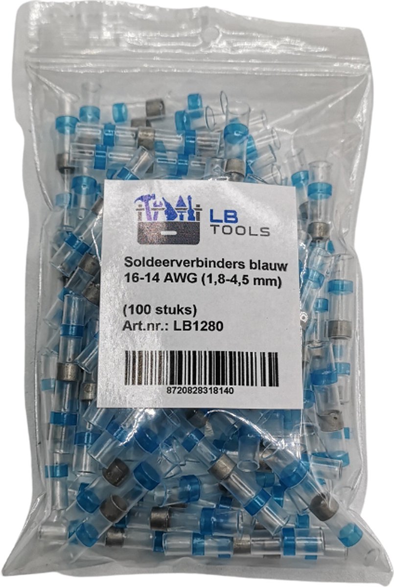 LB Tools 100x Professionele soldeerhulzen, soldeerverbinders waterdicht blauw 14-14 AWG (1,8-4,5 mm) krimpkous