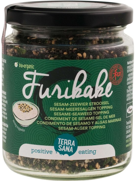 Glazen pot Terra SANA Furikake sesam-zeewier strooisel met een groen label.