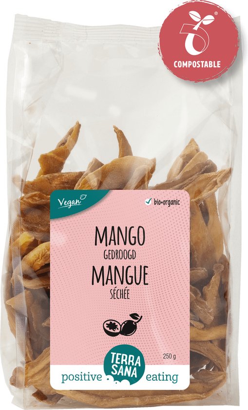 Gedroogde mangostukken in een doorzichtige zak. Label met 'Vegan' en 'bio-organic'. Tekst: 'MANGO MANGUE SÉCHÉE'.