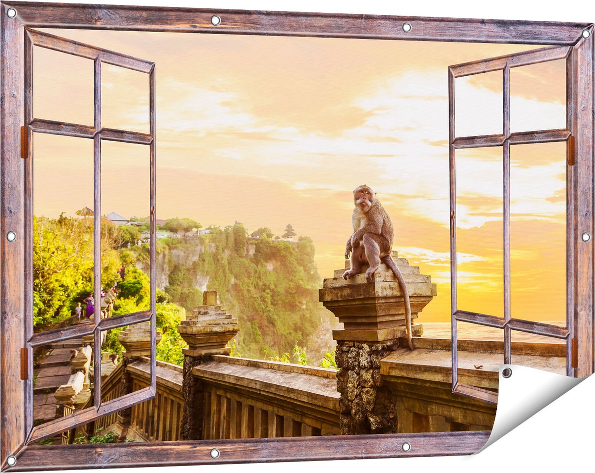 Gards Tuinposter Doorkijk Aap op de Uluwatu Tempel in Bali - 120x80 cm - Tuindoek - Tuindecoratie - Wanddecoratie buiten - Tuinschilderij bruin