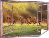 Gards Tuinposter Doorkijk Kudde Bruine Paarden in de Wei - 120x80 cm - Tuindoek - Tuindecoratie - Wanddecoratie buiten - Tuinschilderij