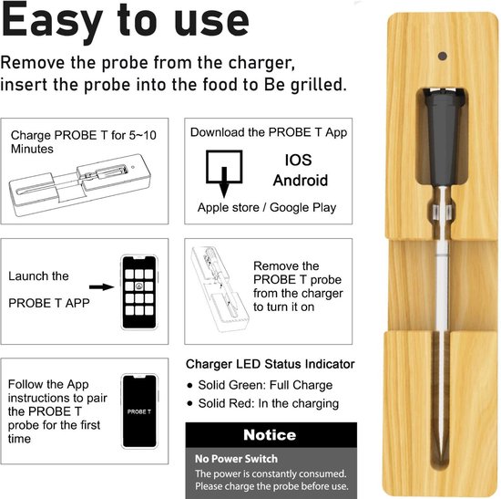 Probe Vleesthermometer Draadloos met App - BBQ Thermometer met Bluetooth - Oventhermometer - BBQ accesoires - RVS - ZWART - ProbE