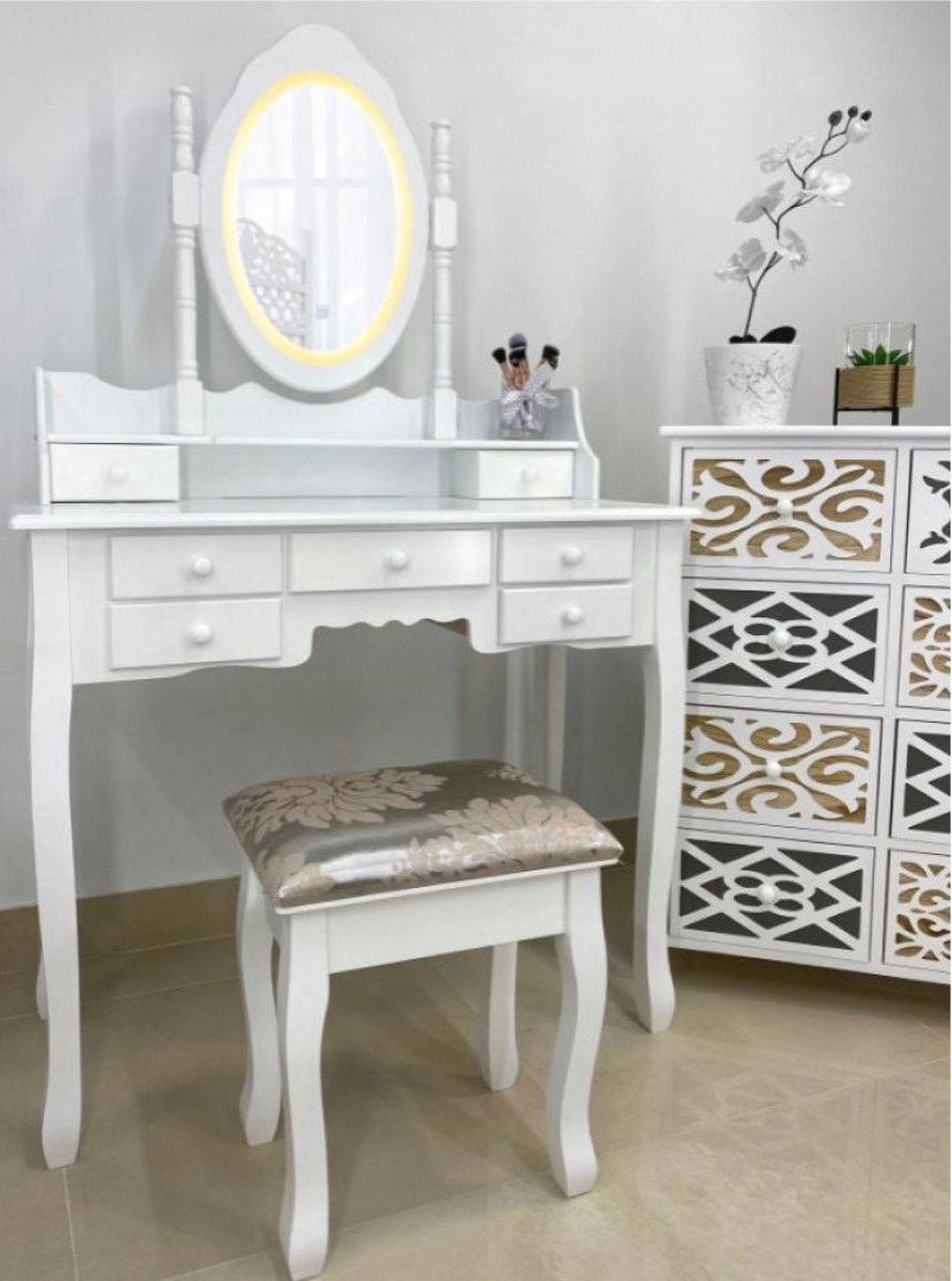 Coiffeuse - avec miroir, lampe et tabouret - 90x40x146 cm - blanc