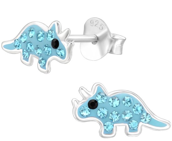 Joy|S - Zilveren dino oorbellen - 6 x 10.5 mm - blauw - dinosaurus oorknoppen