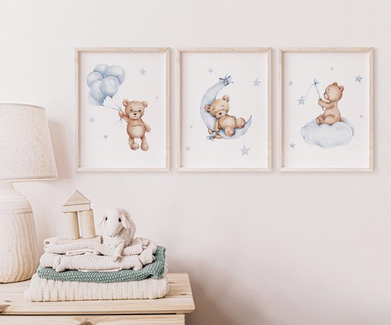 No Filter Ensemble Posters pour chambre de bébé - 3 pièces - 30x40 cm (A3) - Décoration chambre d'enfant - Ours en peluche avec ballon - Etoiles - Blauw