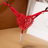 Sexy String met Parels - Kralen - Rood - Erotisch Design met en Hart op Achterkant - One Size String - Dames Onderbroek - Lingerie / Ondergoed