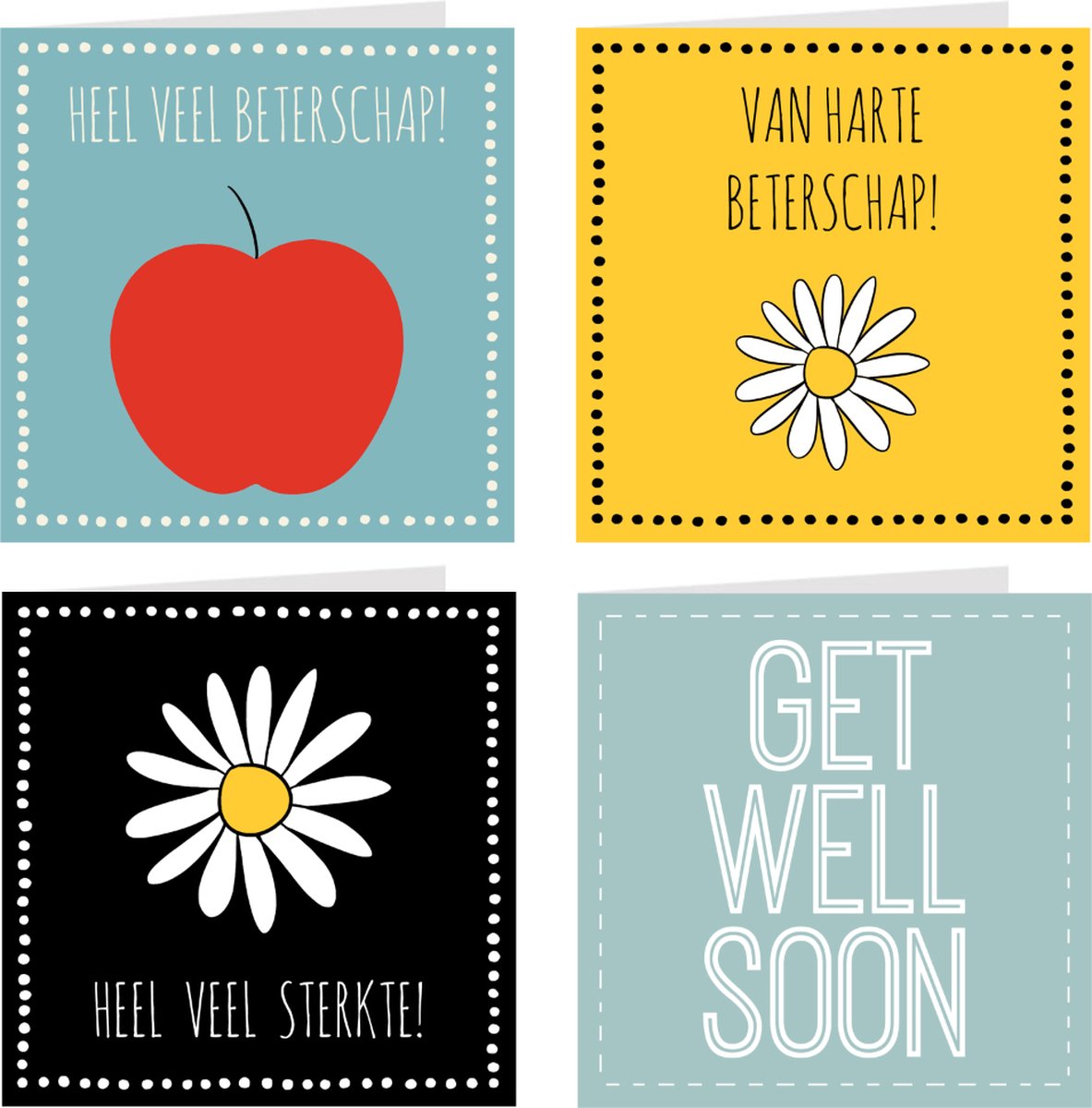4x Beterschapskaarten / wenskaarten / set kaarten en enveloppen | Beterschap